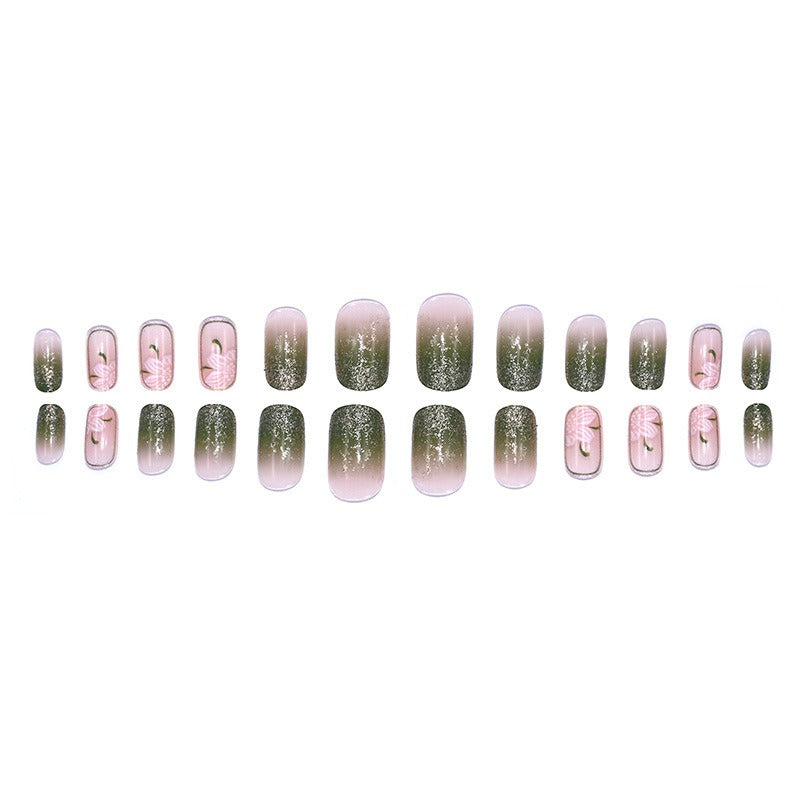 Summer Green Camellia ice Transparent Fake Nails  - 24Pcs