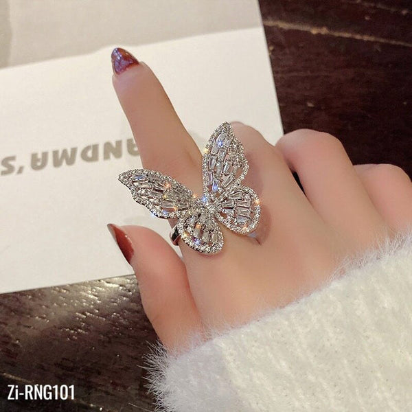 Exaggerated Full Diamond Butterfly Adjustable Open Rings
