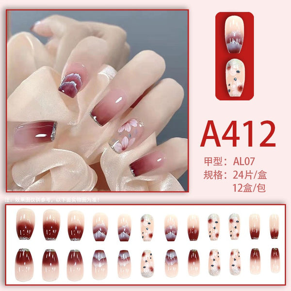 Pink Gradient Printing Glitter French style Fake Nails  - 24Pcs