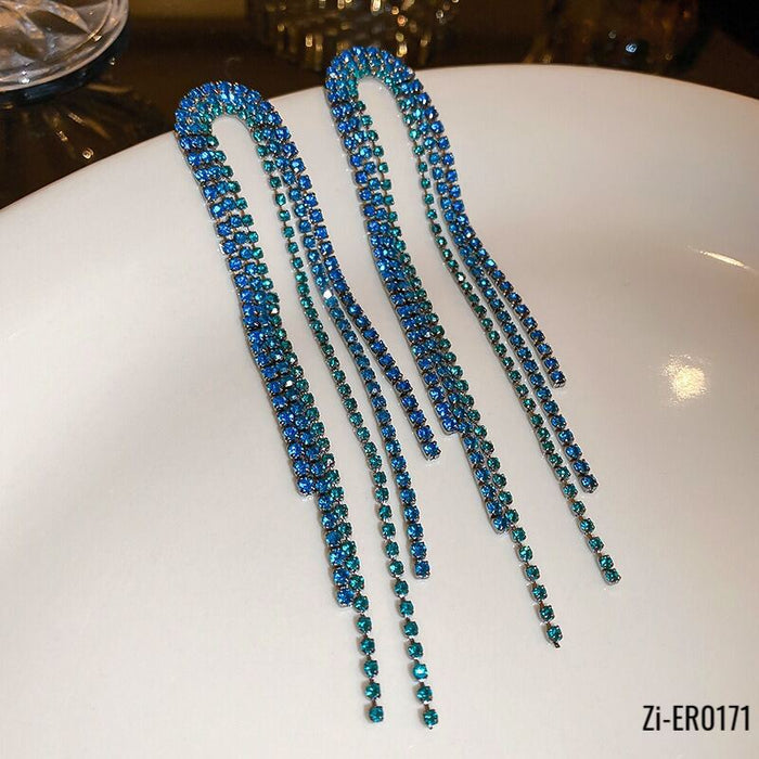 Blue Crystal Tassel Long Tassel Earrings