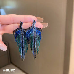 Long Full Crystal Tassel Leaf Drop Earrings