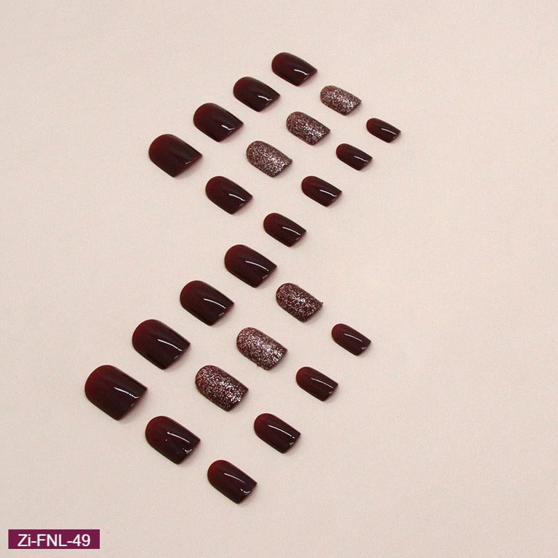 Short Solid color Burgundy Sparkling Fake Nails  - 24Pcs