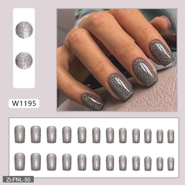 Square-Shaped Sparkling Black Glitter Fake Nails  - 24Pcs