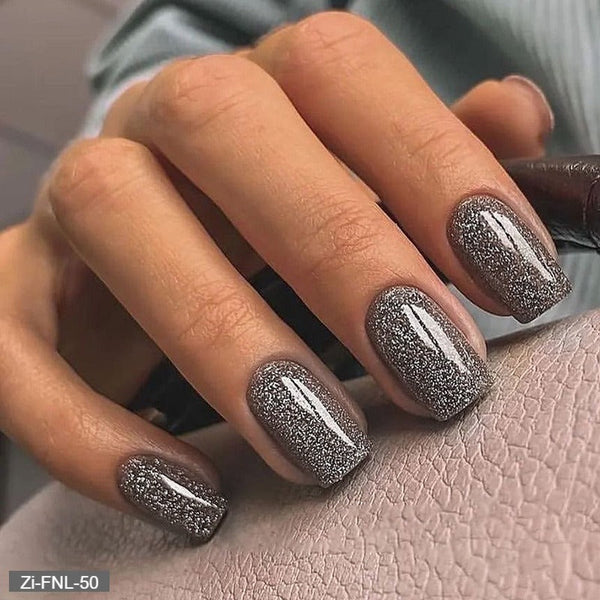 Square-Shaped Sparkling Black Glitter Fake Nails  - 24Pcs