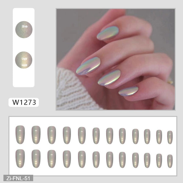 Flashing Gold Powder Aurora Manicure Fake Nails  - 24Pcs