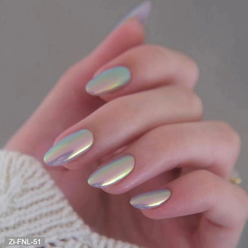 Flashing Gold Powder Aurora Manicure Fake Nails  - 24Pcs