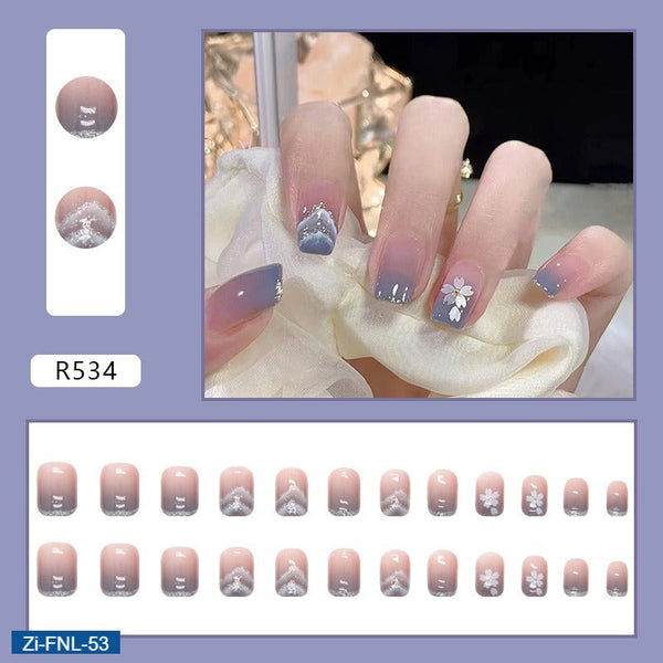Blue Gradient Blooming Shiny Fragments Fake Nails  - 24Pcs