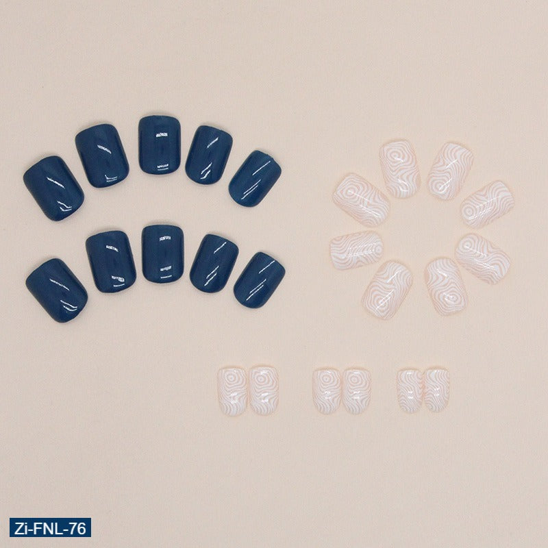 Short Simple Blue and White Contrasting Color Fake Nails  - 24Pcs