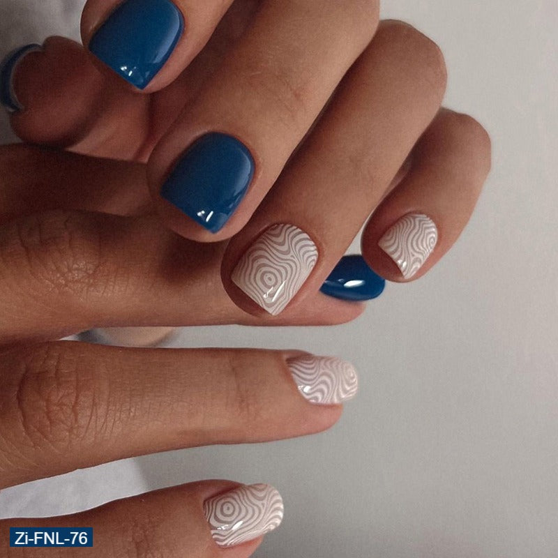 Short Simple Blue and White Contrasting Color Fake Nails  - 24Pcs