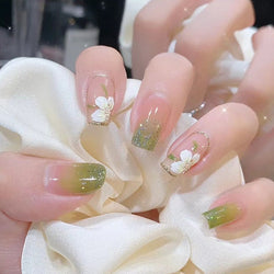 Summer Green Camellia ice Transparent Fake Nails  - 24Pcs