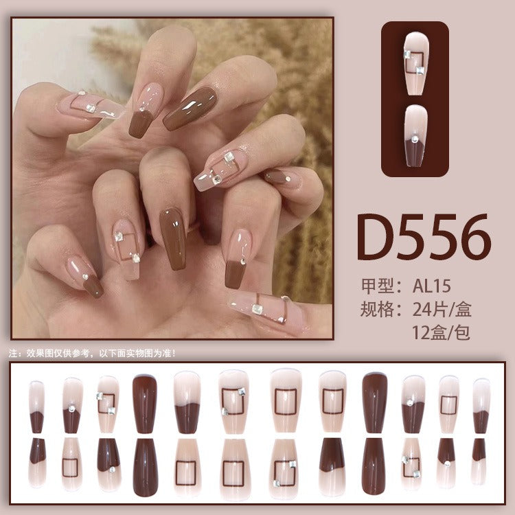 High-Grade Square Diamond Flash Brown Fake Nails  - 24Pcs