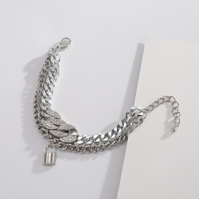 Silver Multi-Layer Micro Diamond Lock Pendant Bracelet