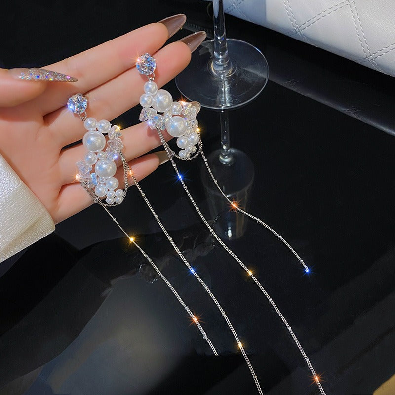 925 Silver Needle Long Pearl Crystal Tassel Earrings