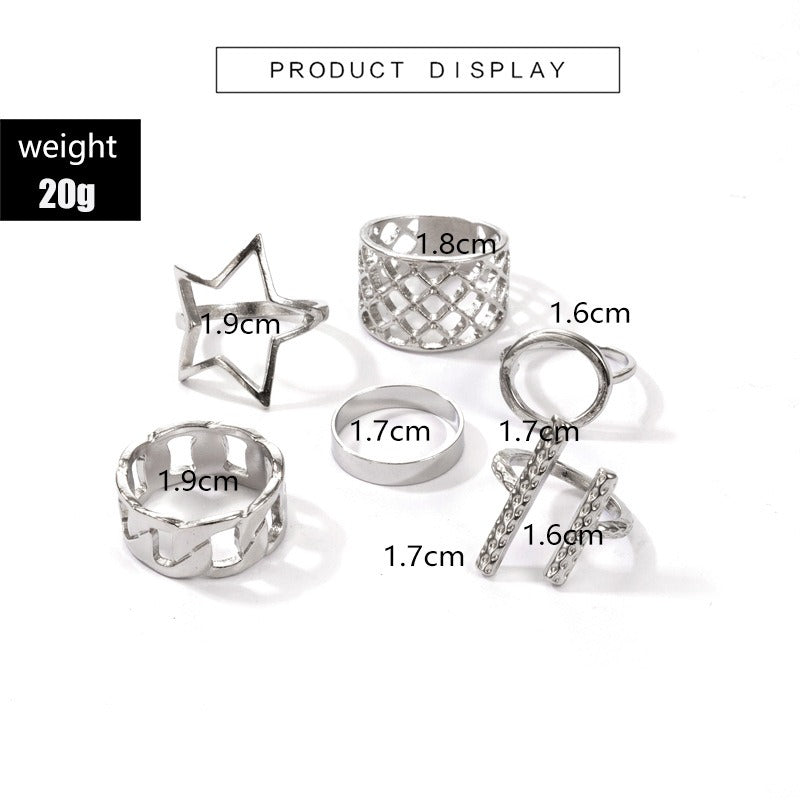Five-Pointed Star Round Word Opening Ring 6 Piece Set