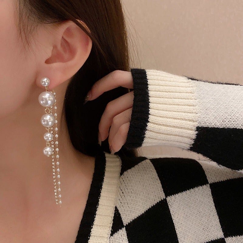s925 Silver Needle Pearl Long Tassel Earrings