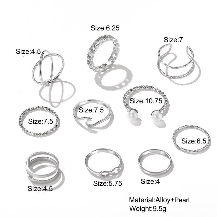 10 Pcs/Set Wave Infinity Imitation Pearl Rings Silver