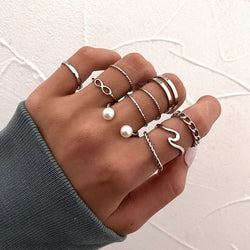 10 Pcs/Set Wave Infinity Imitation Pearl Rings Silver