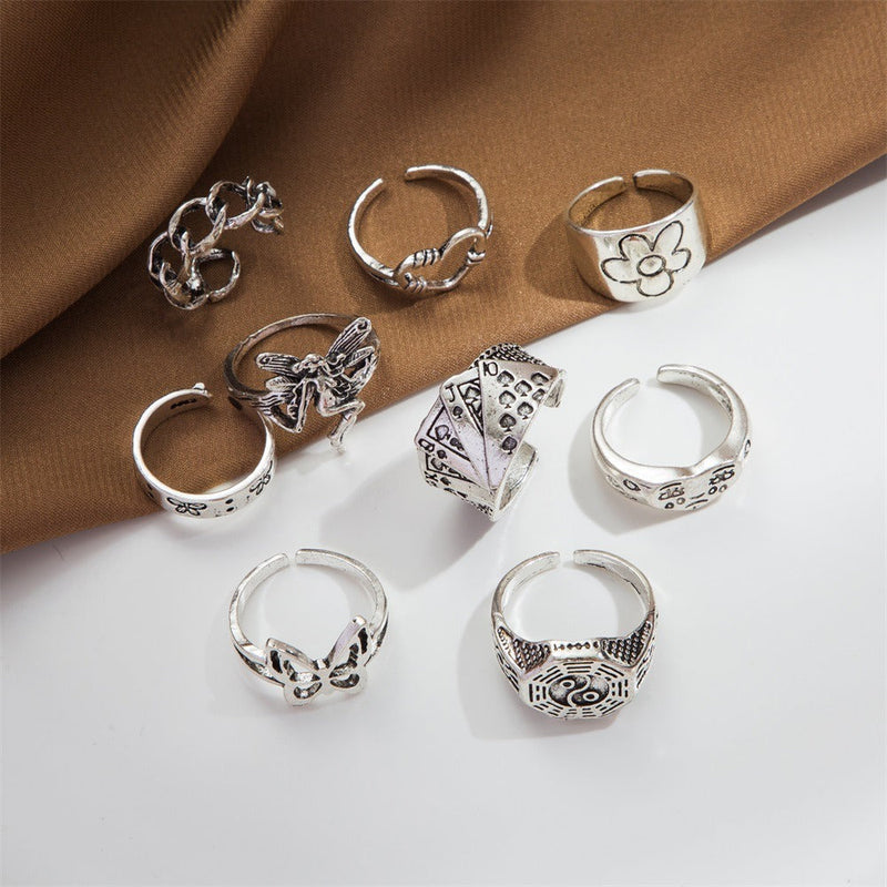 9Pcs Vintage Gothic Butterfly Angle Flower Multi Element Ring Set