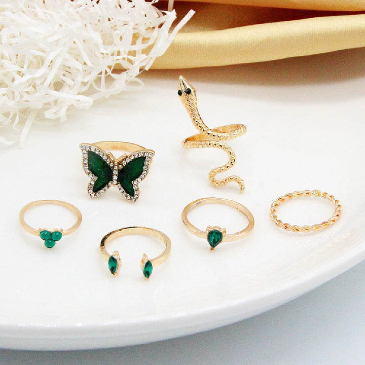 Luxury Green Rhinestone Butterfly Rings Set