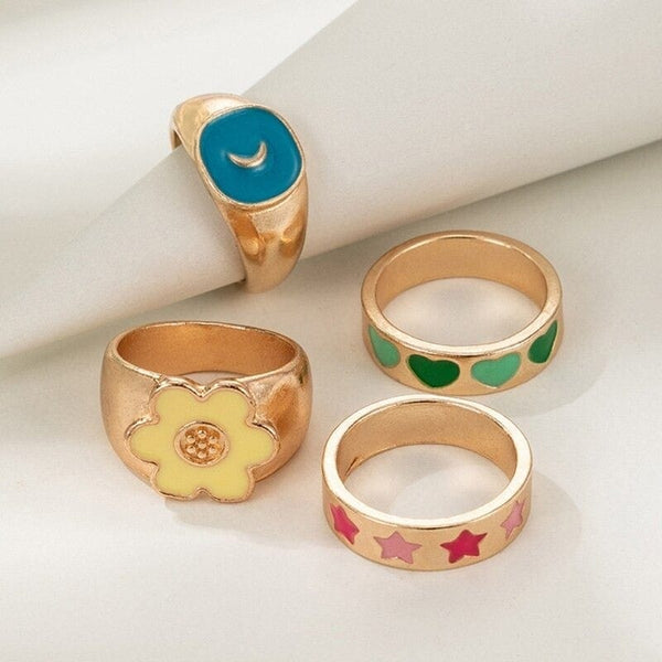 Retro Color Dripping Oil Love Flower Star Moon Ring 4-piece Set