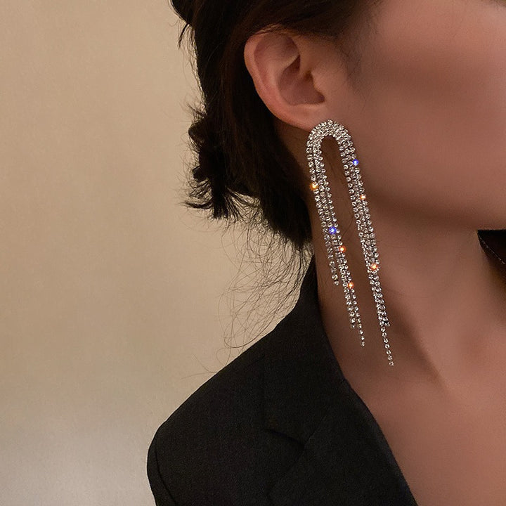 Classic U Design Full Rhinestone Tassel Long Earrings