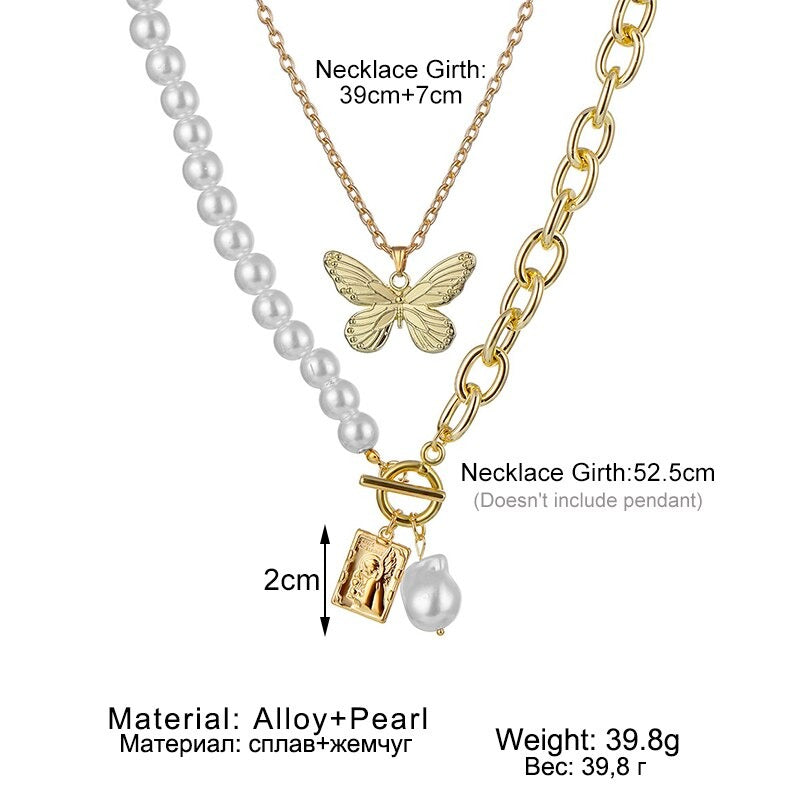 Vintage Thick Chain Pearl Butterfly Pendant Necklace NKL-209