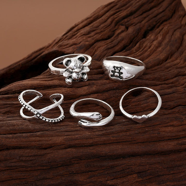 Ancient Silver GIRL bear retro ring set 8-piece set