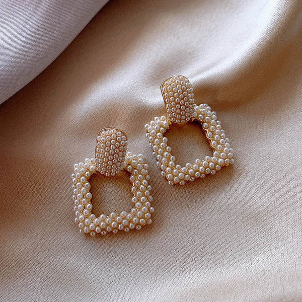 Simulated-pearl Geometric Square Dangle Earrings