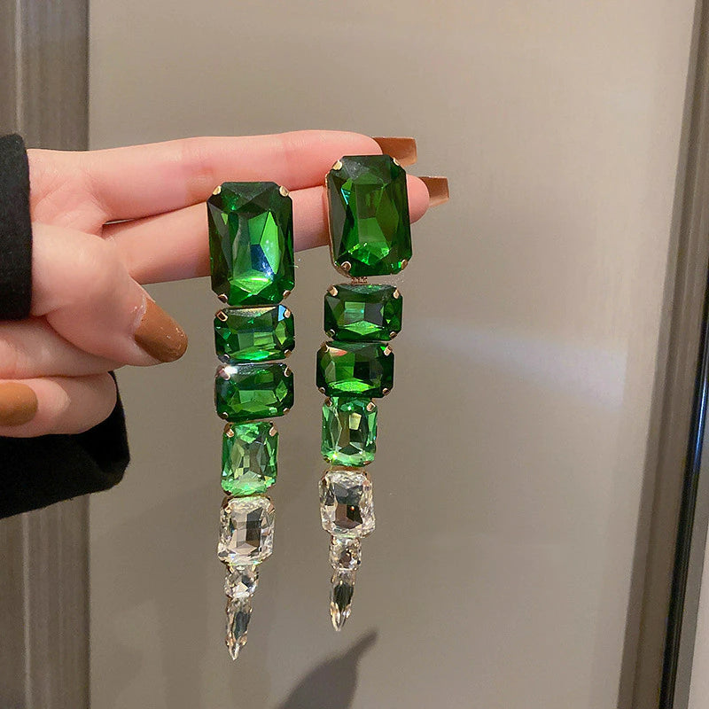 Square Green Crystal Long Earrings ZN510