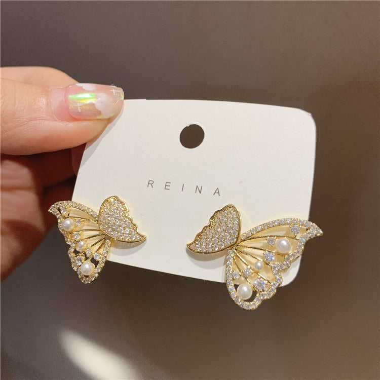 925 silver needle Korean version full diamond butterfly earrings