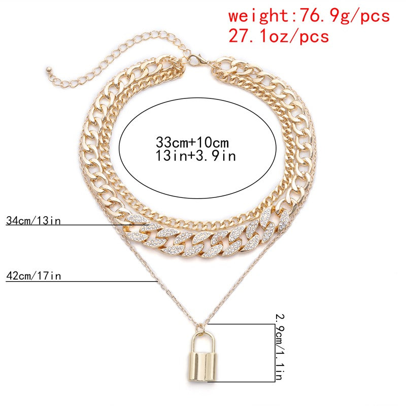 Diamond-Studded Bling Lock Bungee Hip-Hop Multi-Layer Clavicle Chain Necklace