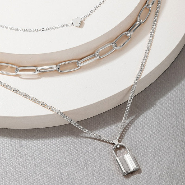 Multi-Layer Geometric Lock-Shaped Love Necklace