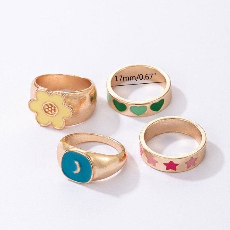 Retro Color Dripping Oil Love Flower Star Moon Ring 4-piece Set