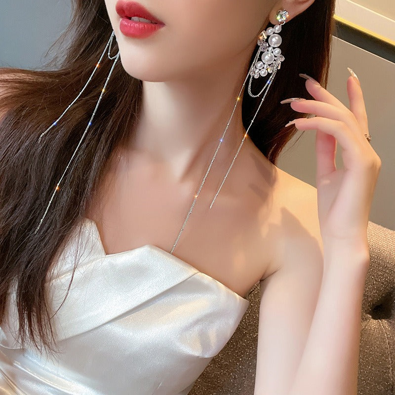 925 Silver Needle Long Pearl Crystal Tassel Earrings