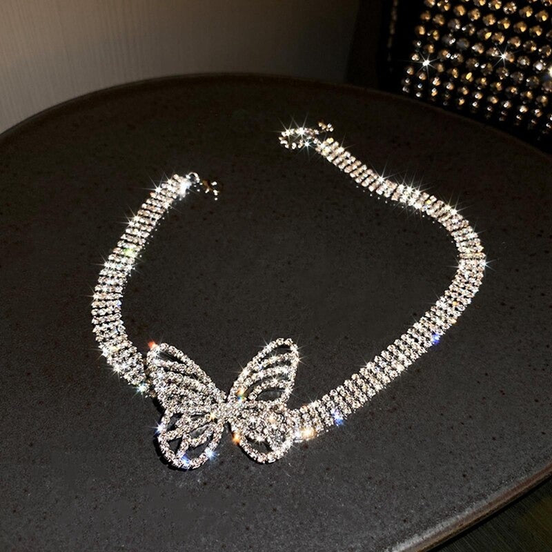 Shining Full Rhinestone Butterfly Choker Necklace