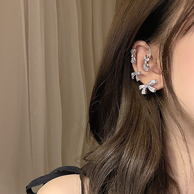 Diamond Bow Earrings Niche Earless Ear Clips ( Silver Pair)