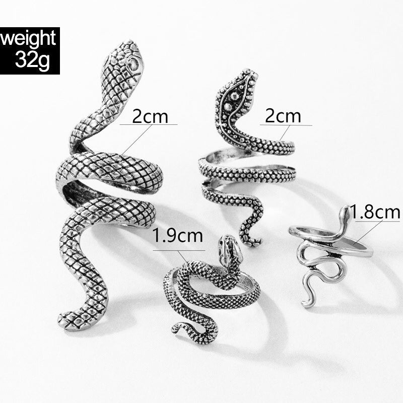4pcs/set Vintage Silver Color Geometry Metal Alloy Finger Ring Snake