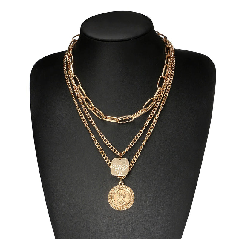Retro Portrait Coin Pendant Exaggerated Geometric Alloy Multilayer Necklace