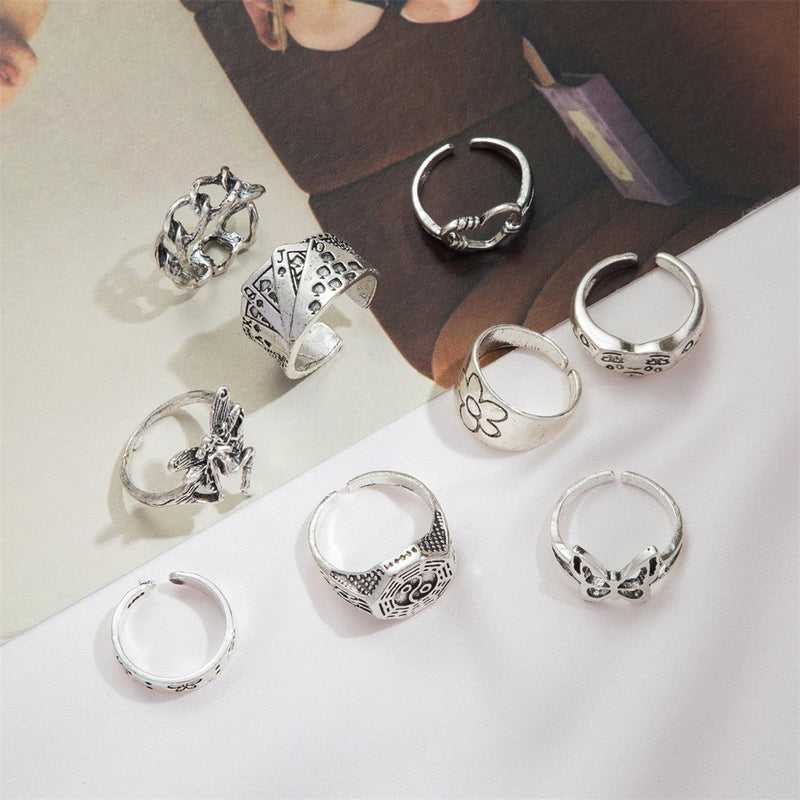 9Pcs Vintage Gothic Butterfly Angle Flower Multi Element Ring Set