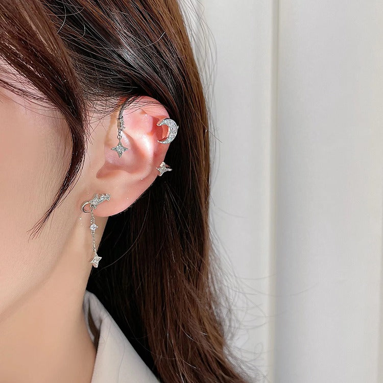 Star and Moon Without Ear Holes Can Be Worn Ear Hanging (Pair)