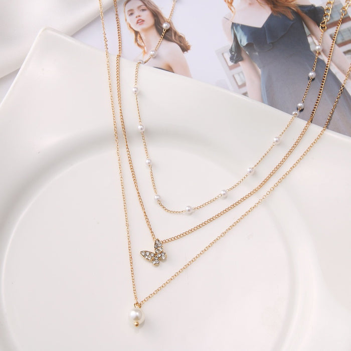 Trendy Multilayered Butterfly Pearl Necklace