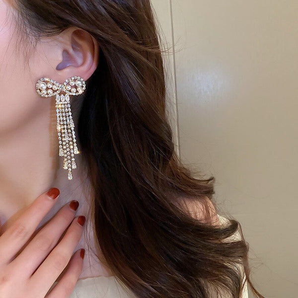 Pearl Bowknot Crystal Tassel Long Earrings