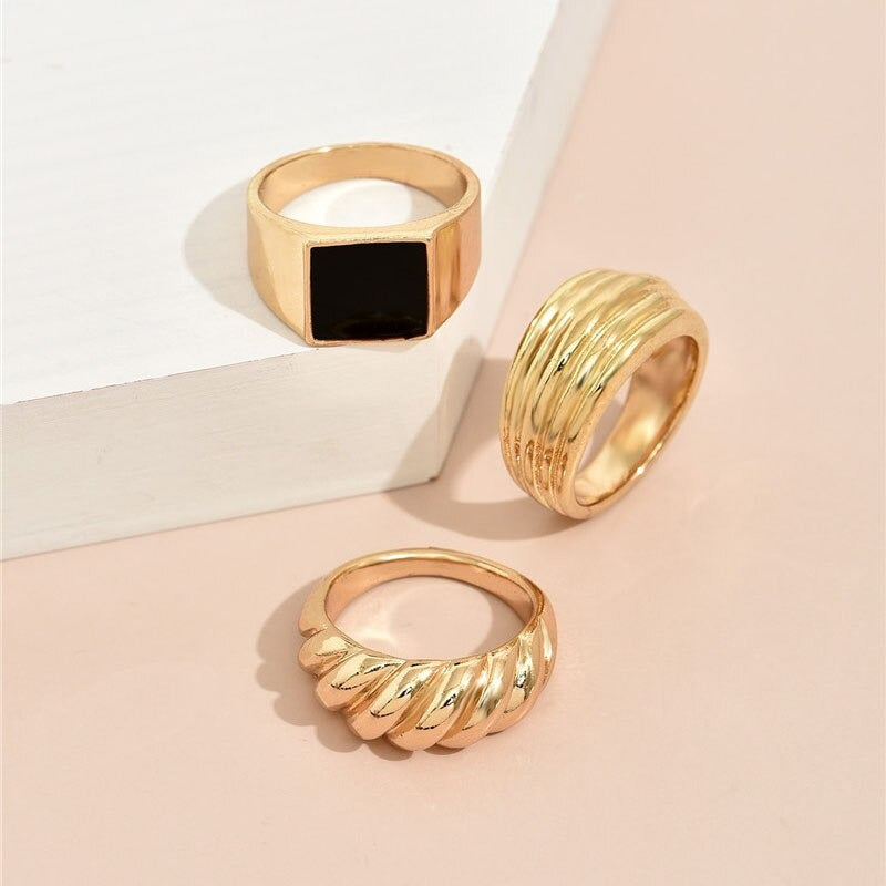3 Pcs/Set Fashion Gold Geometric Gem Rings Set