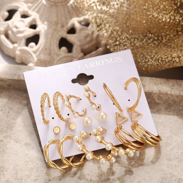 9 Pairs Gold Color Chunky Hoop Earrings Set