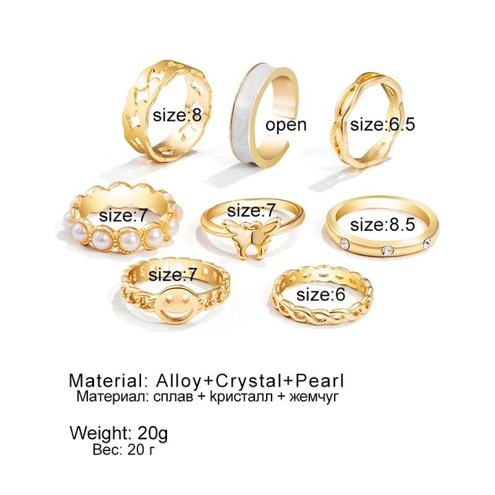 8-pcs Set of Pearl Rings for Women Retro Butterfly Smiley Rings Set
