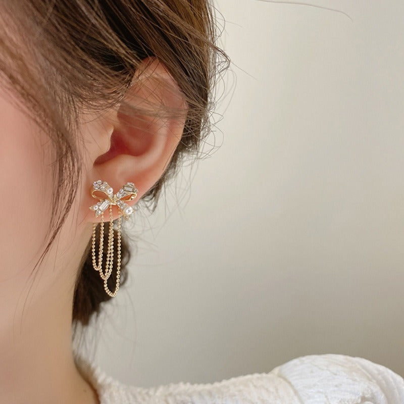 Luxury Rhinestone Bow Tassel Earrings