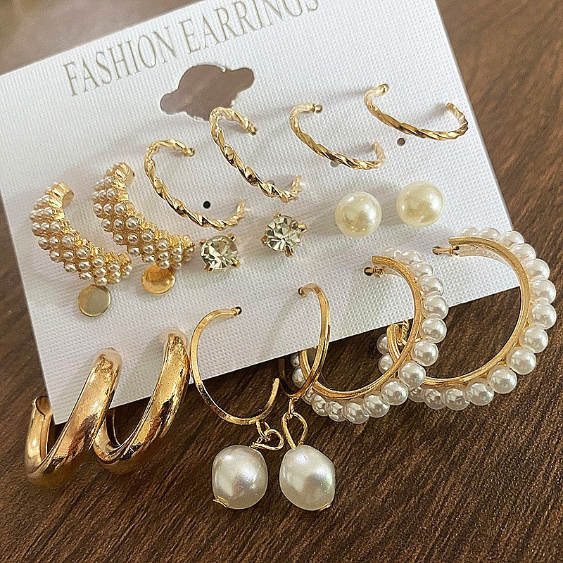 Geometric Pearl Earrings 9 Pair Set