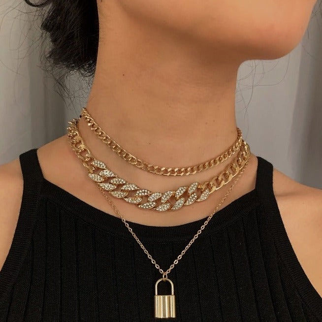 Diamond-Studded Bling Lock Bungee Hip-Hop Multi-Layer Clavicle Chain Necklace