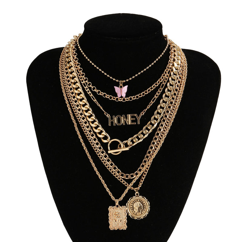Buckle Multi-Layer Necklace Retro Set Butterfly Necklace
