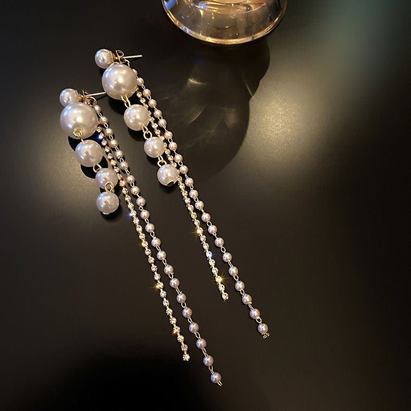 s925 Silver Needle Pearl Long Tassel Earrings